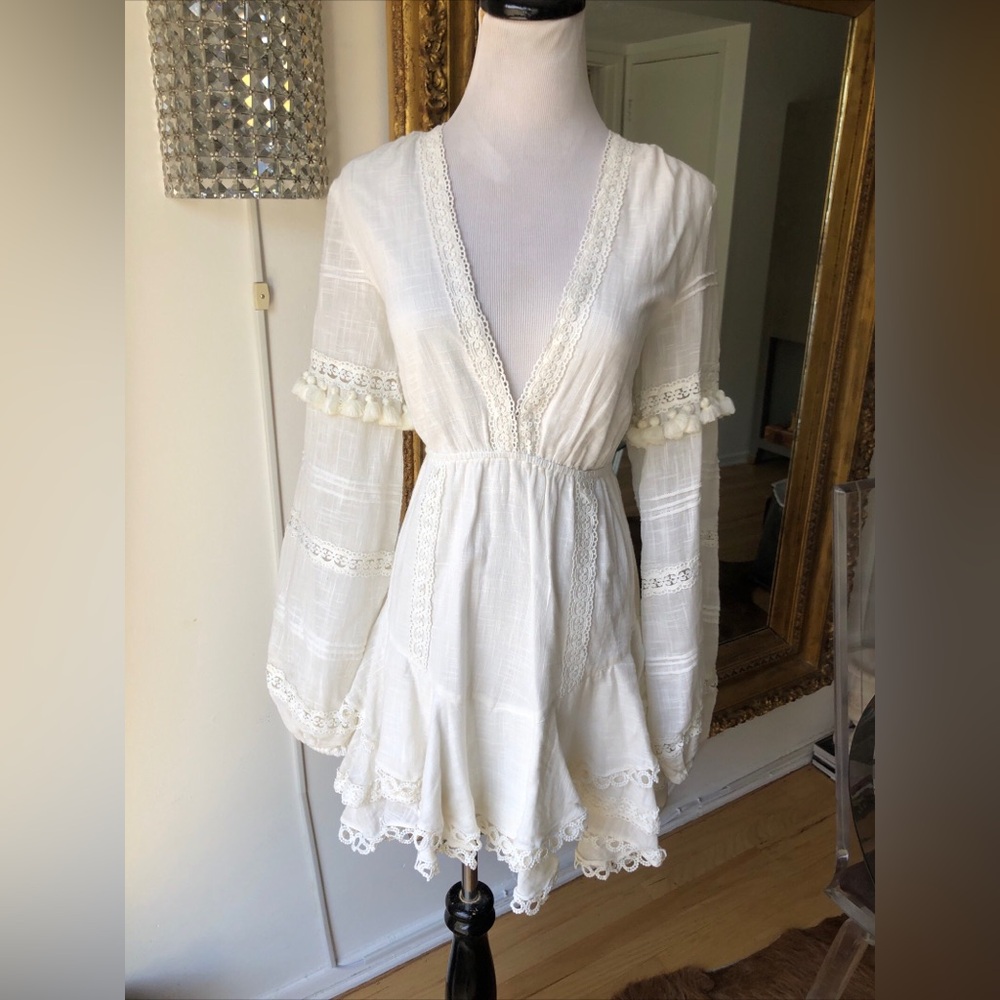 Hemant Nandita White Embroidered Long Sleeve Mini Dress Size Small